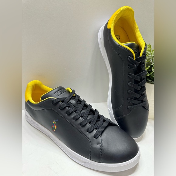NEW Polo Ralph Lauren Heritage Court II Men’s Leather Sneakers Black Yellow 13 - Picture 9 of 9